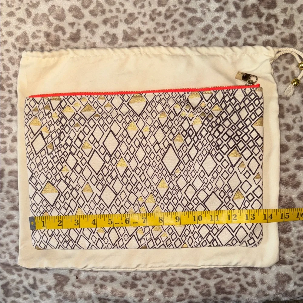 Deux Lux Cream Cosmetic Pouch with Gold Geometric Print and Coral Trim